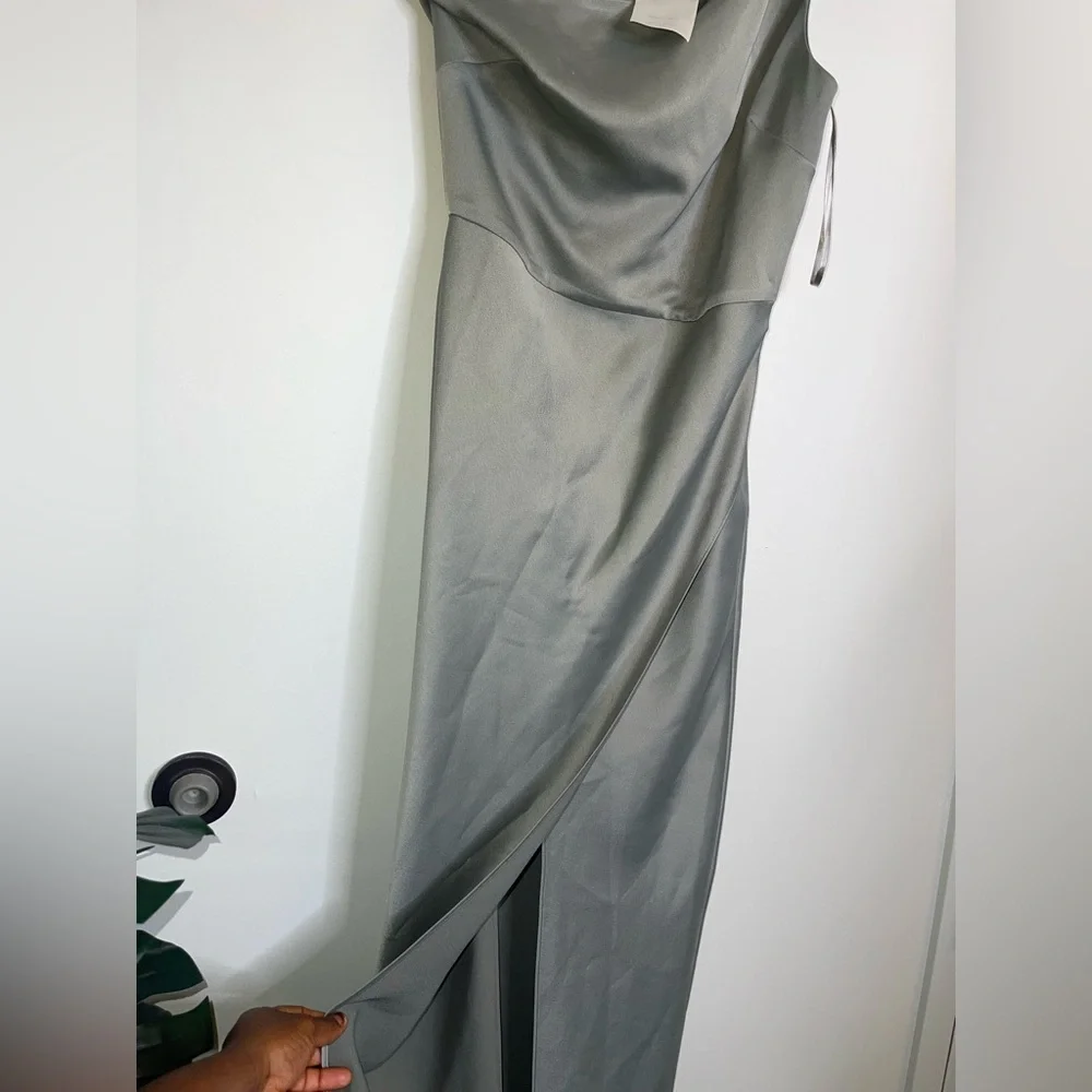 BHLDN Anthropologie Dylan One Shoulder Satin Side Slit Gown Green NEW Size 6 - Picture 2 of 13
